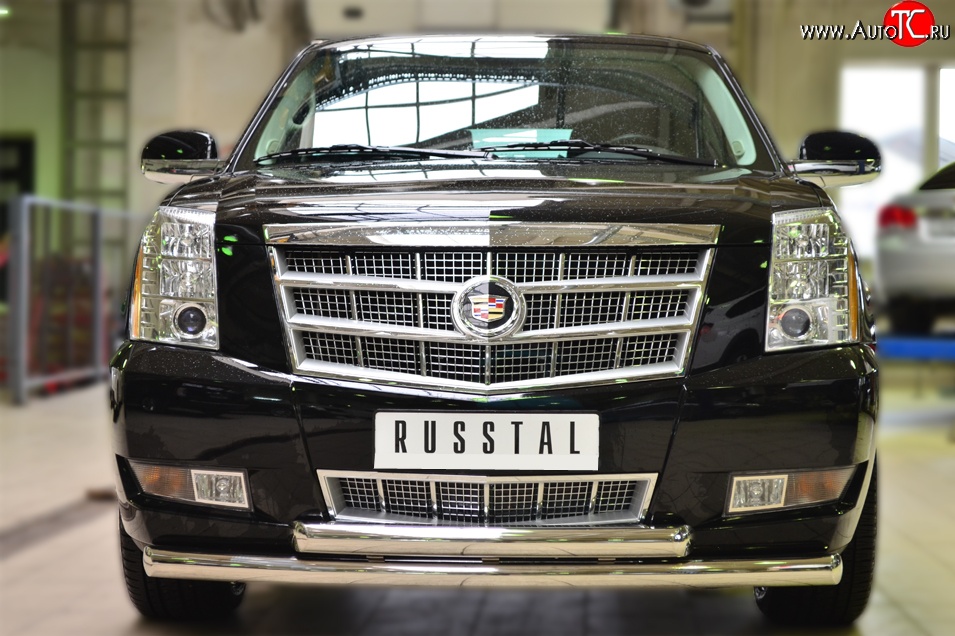 22 299 р. Защита переднего бампера (2 трубыØ76 мм, нержавейка) Russtal Cadillac Escalade GMT926 джип 5 дв. короткая база (2006-2014)  с доставкой в г. Омск