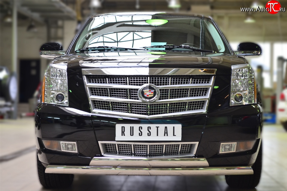 25 999 р. Защита переднего бампера (2 трубыØ75х42 мм, нержавейка) Russtal  Cadillac Escalade  GMT926 джип 5 дв. (2006-2014) короткая база  с доставкой в г. Омск