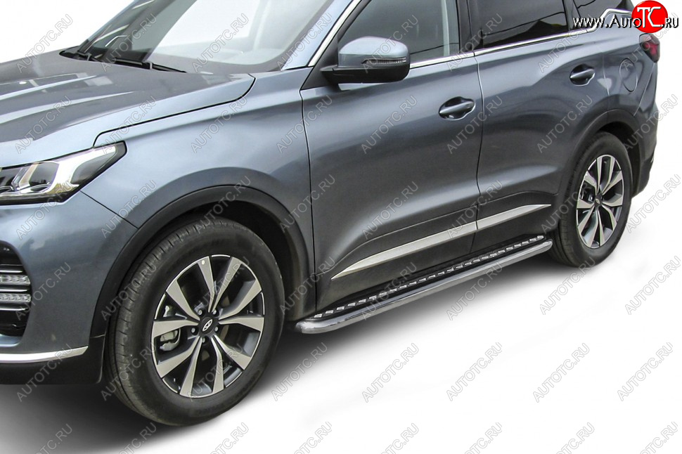 15 499 р. Защита порогов Slitkoff (Ø 57 мм, с листом) Chery Tiggo 7 PRO (2019-2024) (Нержавеющая сталь)  с доставкой в г. Омск