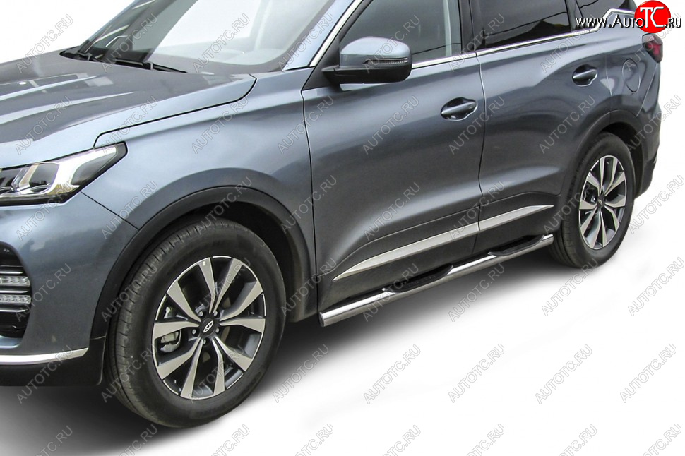 17 899 р. Защита порогов Slitkoff (Ø 76 мм, с проступями)  Chery Tiggo 7 PRO (2019-2025) (Нержавеющая сталь)  с доставкой в г. Омск