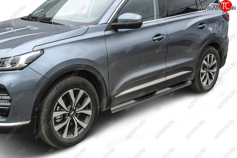 10 999 р. Защита порогов Slitkoff (Ø 76 мм, с проступями) Chery Tiggo 7 PRO (2019-2024) (Цвет: серебристый)  с доставкой в г. Омск