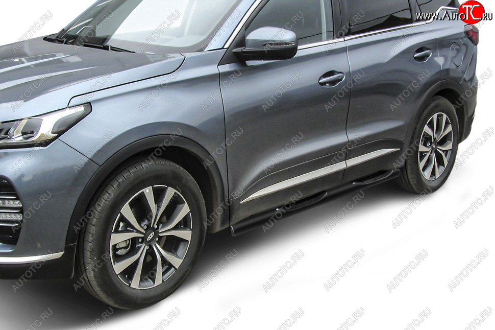 12 499 р. Защита порогов Slitkoff (Ø 76 мм, с проступями).  Chery Tiggo 7 PRO (2019-2025) (Цвет: черный)  с доставкой в г. Омск