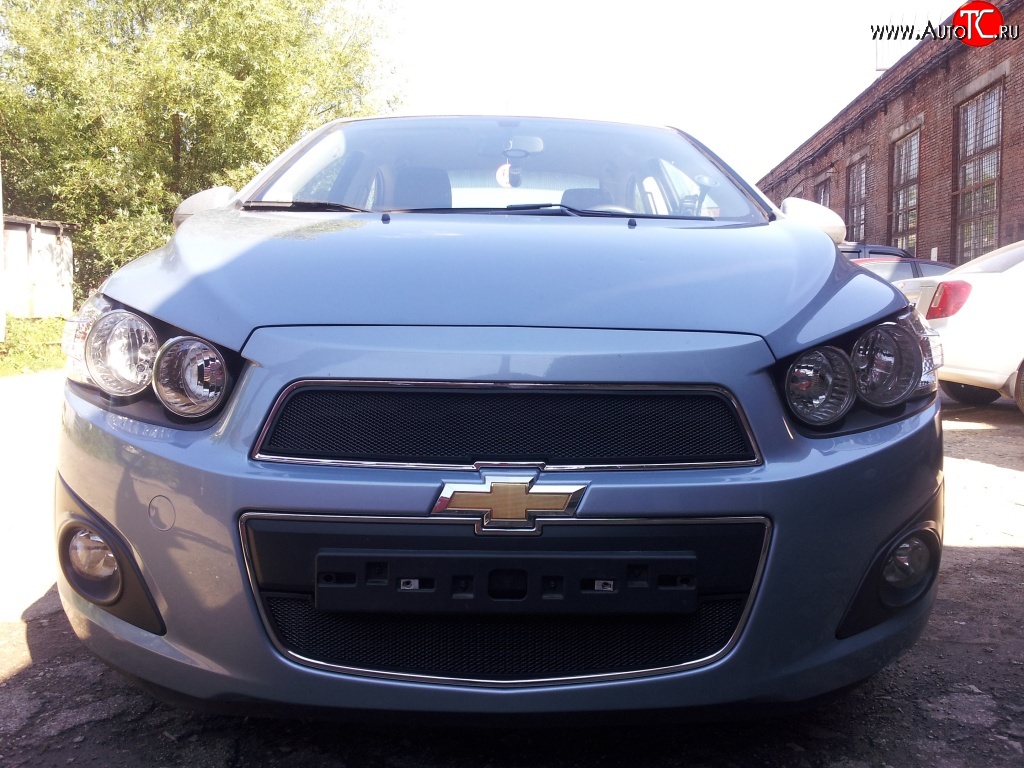 1 469 р. Нижняя сетка на бампер Russtal (черная) Chevrolet Aveo T300 хэтчбек (2011-2015)  с доставкой в г. Омск