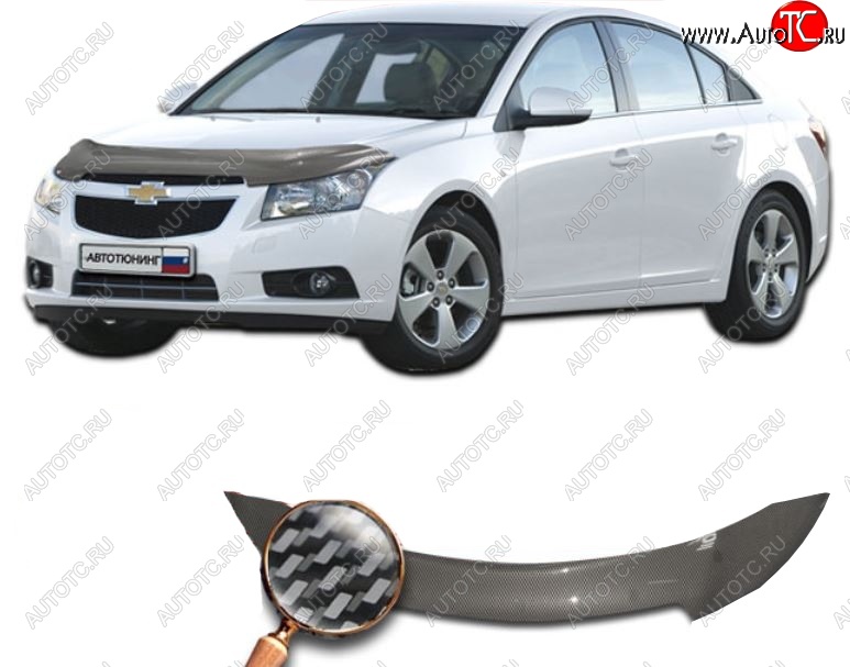 2 479 р. Дефлектор капота CA-Plastiс  Chevrolet Cruze ( J300,  D2LC) (2009-2018) седан дорестайлинг, седан рестайлинг, седан дорестайлинг (Шелкография карбон-серебро)  с доставкой в г. Омск