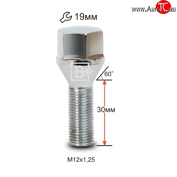112 р. Колёсный болт длиной 30 мм Вектор M12 1.25 30 под гаечный ключ (пос.место: конус) Toyota ProAce (2013-2016)