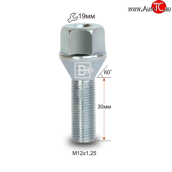 52 р. Колёсный болт длиной 30 мм Вектор M12 1.25 30 под гаечный ключ CITROEN Berlingo M59 рестайлинг (2002-2012)