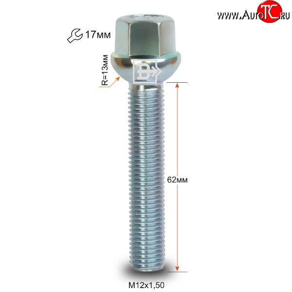 199 р. Колёсный болт длиной 62 мм Вектор M12 1.5 62 под гаечный ключ    с доставкой в г. Омск