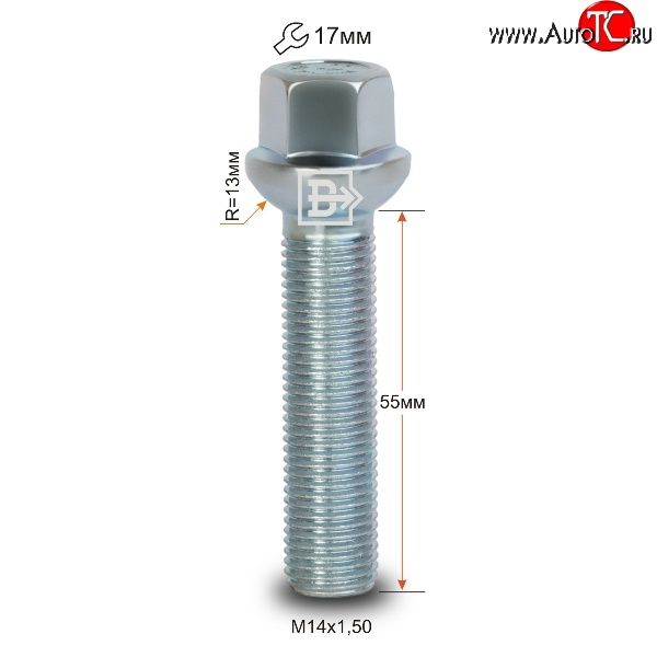 178 р. Колёсный болт длиной 55 мм Вектор M14 1.5 55 под гаечный ключ    с доставкой в г. Омск