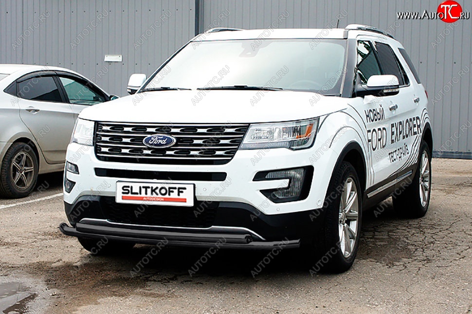 10 399 р. Защита переднего бампера Slitkoff (двойная, d57/57 мм)  Ford Explorer  U502 (2015-2018) 1-ый рестайлинг, 5 дв. (Сталь с полимерным покрытием. Цвет: чёрный)  с доставкой в г. Омск