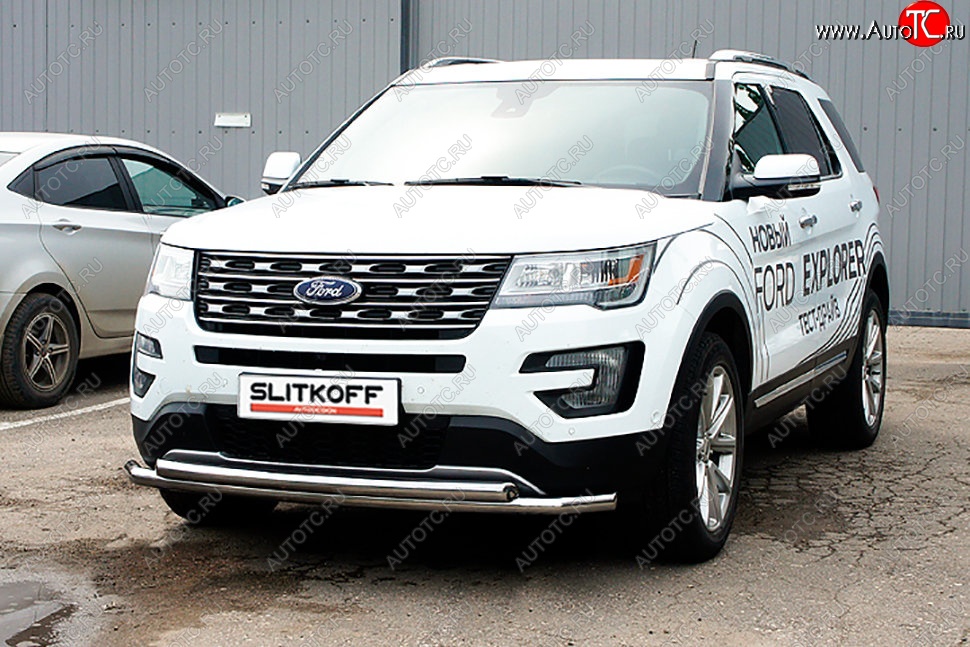 16 899 р. Защита переднего бампера Slitkoff (двойная, d57/57 мм)  Ford Explorer  U502 (2015-2018) 1-ый рестайлинг, 5 дв. (Нержавейка, Полированная)  с доставкой в г. Омск