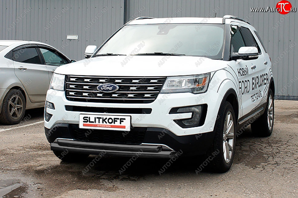 11 949 р. Защита переднего бампера Slitkoff (двойная, d76/57 мм)  Ford Explorer  U502 (2015-2018) 1-ый рестайлинг, 5 дв. (Сталь с полимерным покрытием. Цвет: чёрный)  с доставкой в г. Омск