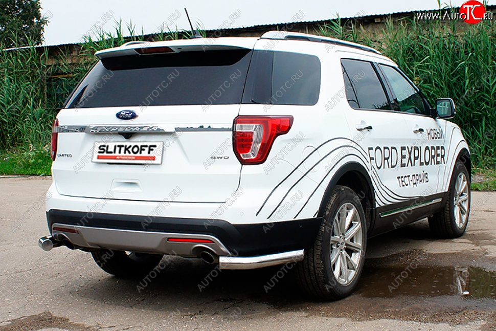 12 699 р. Защита заднего бампера Slitkoff (d76 мм, уголки)  Ford Explorer  U502 (2015-2018) 1-ый рестайлинг, 5 дв. (Нержавейка, Полированная)  с доставкой в г. Омск