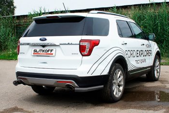 12 699 р. Защита заднего бампера Slitkoff (d76 мм, уголки)  Ford Explorer  U502 (2015-2018) 1-ый рестайлинг, 5 дв. (Нержавейка, Полированная)  с доставкой в г. Омск. Увеличить фотографию 2