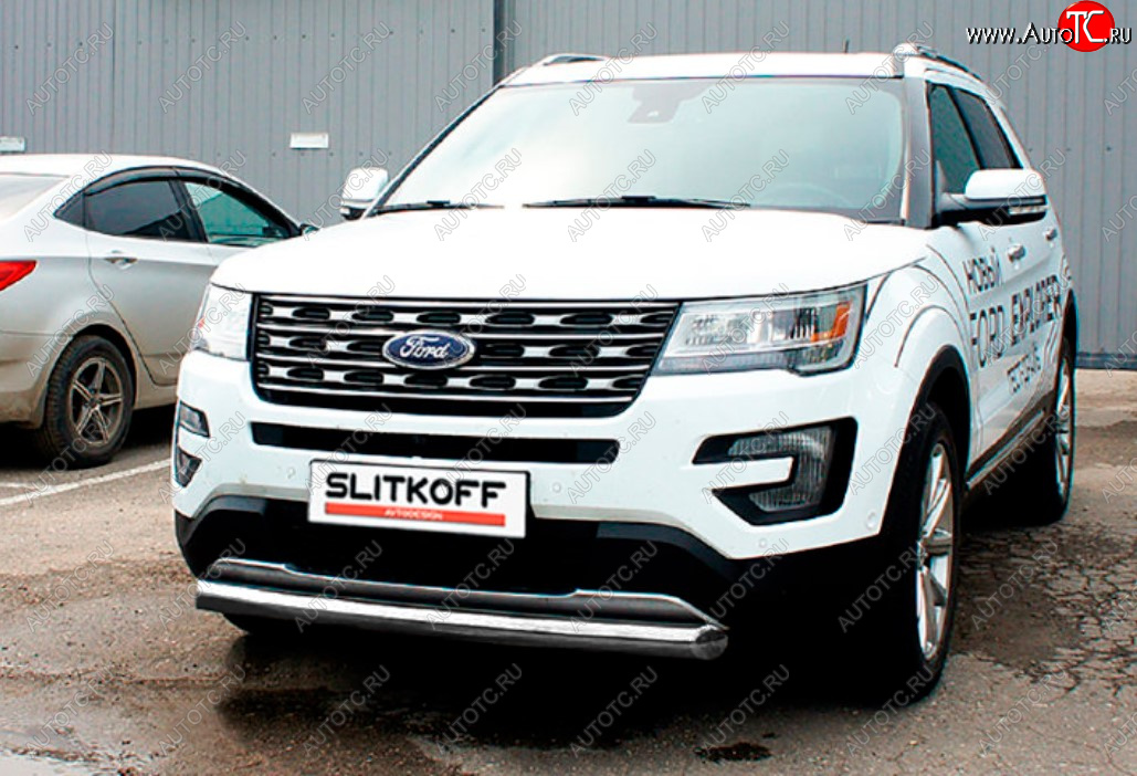 9 999 р. Защита переднего бампера Slitkoff (Ø 76 мм).  Ford Explorer  U502 (2015-2018) 1-ый рестайлинг, 5 дв. (Цвет: серебристый)  с доставкой в г. Омск