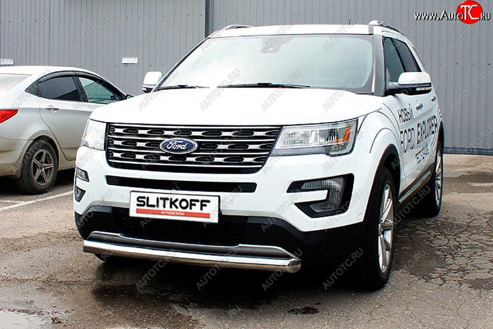 16 749 р. Защита переднего бампера Slitkoff (d76 мм)  Ford Explorer  U502 (2017-2019) 2-ой рестайлинг, 5 дв. (Нержавейка, Полированная)  с доставкой в г. Омск