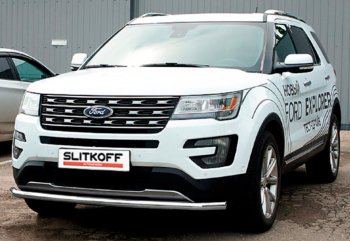 8 199 р. Защита переднего бампера Slitkoff (Ø 57 мм).  Ford Explorer  U502 (2017-2019) 2-ой рестайлинг, 5 дв. (Сталь с полимерным покрытием. Цвет: серебристый)  с доставкой в г. Омск. Увеличить фотографию 1