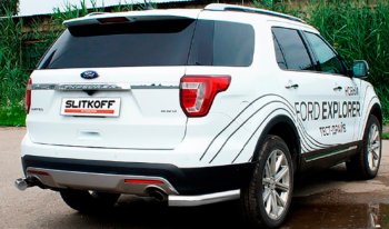 7 699 р. Защита заднего бампера Slitkoff (Ø 76 мм, уголки)  Ford Explorer  U502 (2017-2019) 2-ой рестайлинг, 5 дв. (Сталь с полимерным покрытием. Цвет: серебристый)  с доставкой в г. Омск. Увеличить фотографию 1