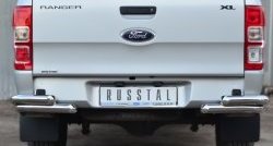 Защита заднего бампера (2 трубы Ø63 мм уголки, нержавейка) Russtal Ford Ranger RapCab дорестайлинг (2011-2016)