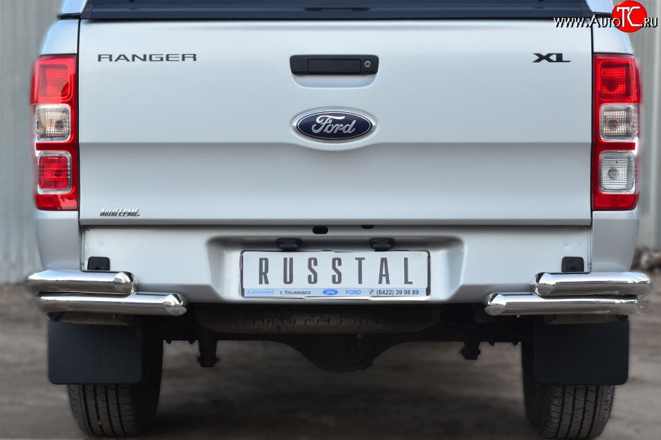 26 699 р. Защита заднего бампера (2 трубы Ø63 мм уголки, нержавейка) Russtal Ford Ranger RapCab дорестайлинг (2011-2016)  с доставкой в г. Омск