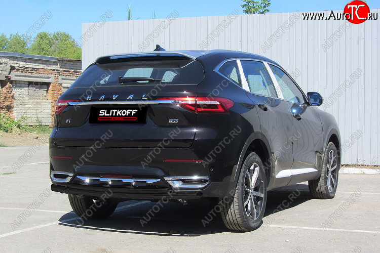 8 399 р. Защита заднего бампера (d57+d42) Slitkoff  Haval F7x (2019-2022)  дорестайлинг (Цвет: черный)  с доставкой в г. Омск