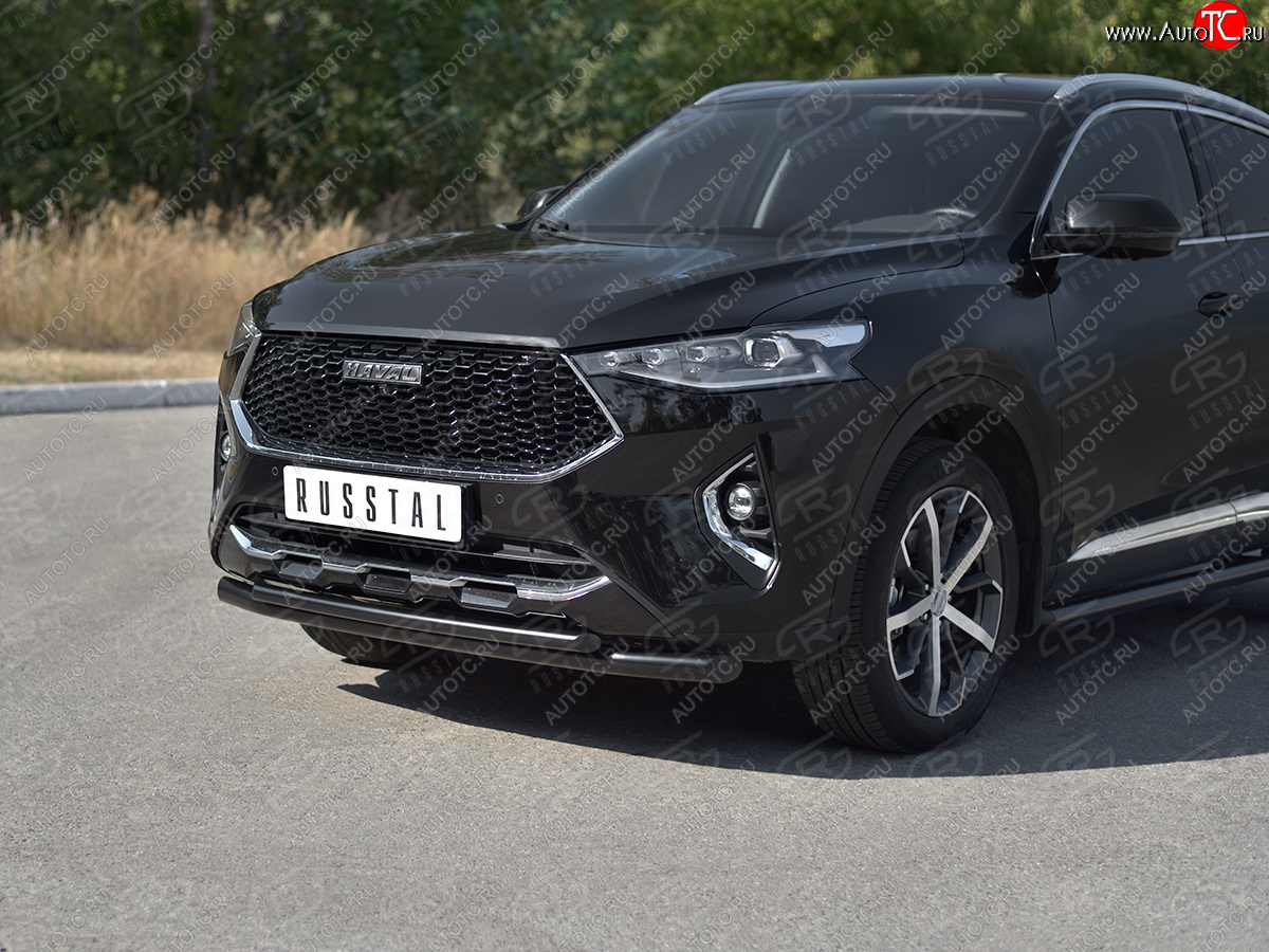 12 349 р. Защита переднего бампера SLITKOFF (Ø57 секции/Ø42 дуга)  Haval F7x (2019-2022) дорестайлинг (нержавейка с полимерным покрытием, черный)  с доставкой в г. Омск