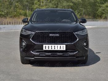 12 349 р. Защита переднего бампера SLITKOFF (Ø57 секции/Ø42 дуга)  Haval F7x (2019-2022) дорестайлинг (нержавейка с полимерным покрытием, черный)  с доставкой в г. Омск. Увеличить фотографию 2