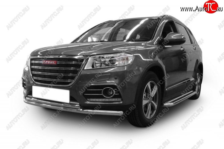 7 899 р. Защита переднего бампера Slitkoff (Ø 57+Ø 57).  Haval H2 ( 2) (2014-2024) (Цвет: серебристый)  с доставкой в г. Омск