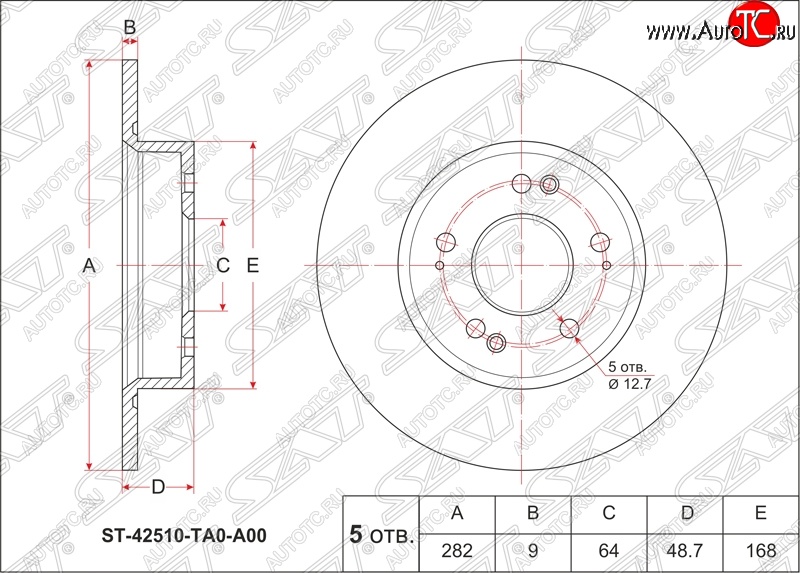 2 249 р. Диск тормозной SAT (не вентилируемый, Ø282)  Honda Accord ( CU,  CW) (2008-2011) седан дорестайлинг, универсал дорестайлинг  с доставкой в г. Омск