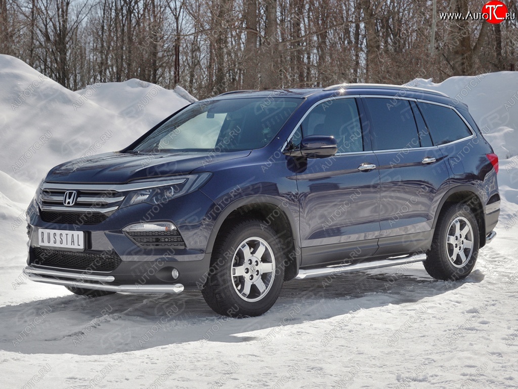 20 799 р. Защита переднего бампера (2 трубы Ø63 и 42 мм, нержавейка) Russtal Honda Pilot YF6 дорестайлинг (2016-2019)  с доставкой в г. Омск