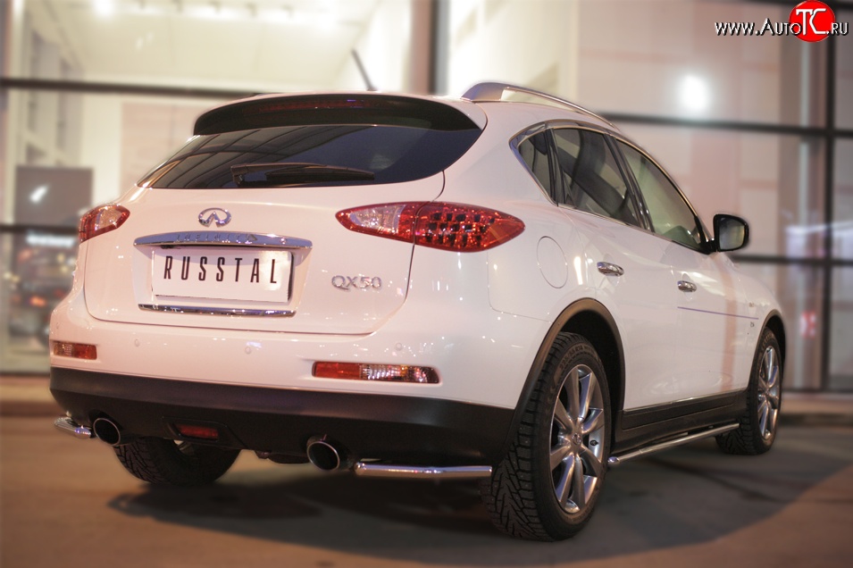 8 249 р. Защита заднего бампера (Ø42 мм уголки, нержавейка) Russtal  INFINITI Qx50  J50 (2013-2016) дорестайлинг  с доставкой в г. Омск