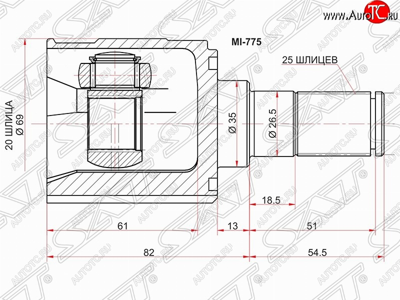 2 399 р. ШРУС SAT (внутренний, 20*25*35 мм) KIA Picanto 1 SA хэтчбэк 5 дв. дорестайлинг (2003-2007)  с доставкой в г. Омск