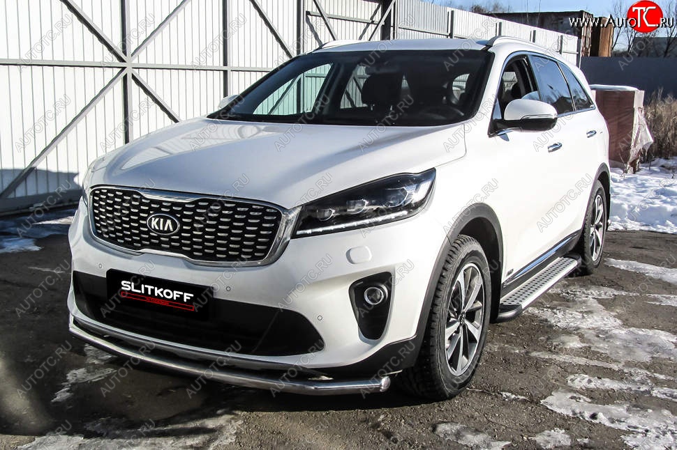 12 999 р. Защита переднего бампера Slitkoff (двойная, d57/42)  KIA Sorento  UM/Prime (2018-2020) рестайлинг (Нержавейка, Полированная)  с доставкой в г. Омск