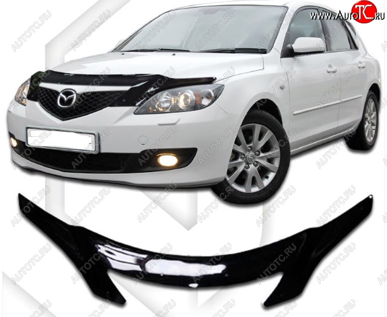 2 479 р. Дефлектор капота CA-Plastiс  Mazda 3/Axela  BK (2003-2009) дорестайлинг, хэтчбэк, рестайлинг, хэтчбэк (Classic черный, Без надписи)  с доставкой в г. Омск