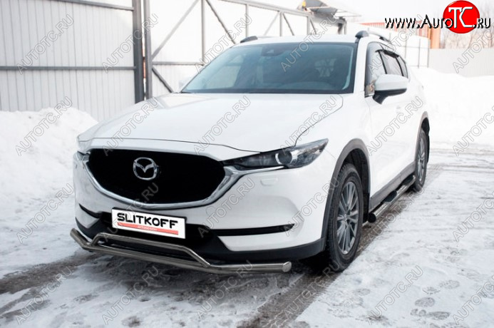 9 199 р. Защита переднего бампера Slitkoff (Ø 57+Ø 32, двойная).  Mazda CX-5  KF (2016-2024) (Сталь с полимерным покрытием. Цвет: серебристый)  с доставкой в г. Омск