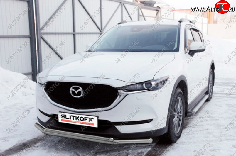 9 199 р. Защита переднего бампера Slitkoff (Ø 57+Ø 42, двойная).  Mazda CX-5  KF (2016-2024) (Сталь с полимерным покрытием. Цвет: серебристый)  с доставкой в г. Омск