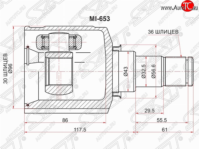 4 999 р. Шрус (внутренний/правый) SAT (30*36*43 мм) Mitsubishi Outlander XL (CW)  дорестайлинг (2005-2009)  с доставкой в г. Омск