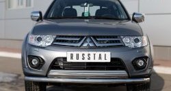 Защита переднего бампера (2 трубы Ø63 и 75х42 мм, нержавейка) Russtal Mitsubishi L200 5 KK,KL дорестайлинг (2015-2019)