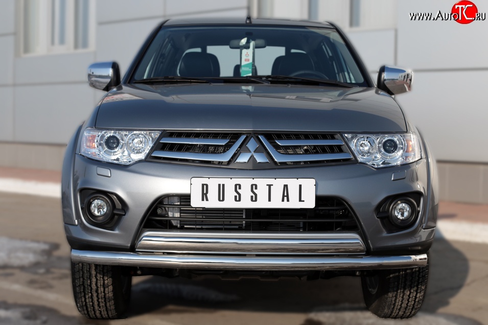 22 949 р. Защита переднего бампера (2 трубы Ø63 и 75х42 мм, нержавейка) Russtal Mitsubishi L200 5 KK,KL дорестайлинг (2015-2019)  с доставкой в г. Омск