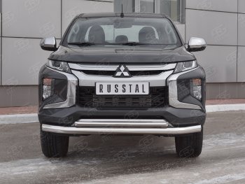 18 799 р. Защита переднего бампера (2 трубы Ø76 и 42 мм, нержавейка) Russtal Mitsubishi L200 5 KK,KL рестайлинг (2018-2022)  с доставкой в г. Омск. Увеличить фотографию 1