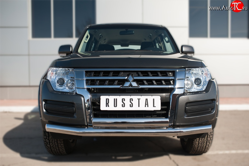 22 949 р. Защита переднего бампера (2 трубы Ø76 и 75х42 мм, нержавейка) Russtal Mitsubishi Pajero 4 V90 2-ой рестайлинг (2014-2020)  с доставкой в г. Омск