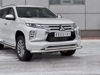 Защита переднего бампера (2 трубы Ø76 и 42 мм, нержавейка) Russtal Mitsubishi Pajero Sport QF рестайлинг (2019-2022)