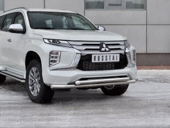 Защита переднего бампера (2 трубы Ø63 и 42 мм, нержавейка) Russtal Mitsubishi Pajero Sport QF рестайлинг (2019-2022)