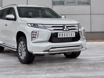 Защита переднего бампера (2 трубы Ø63 и 75х42 мм, нержавейка) Russtal Mitsubishi Pajero Sport QF рестайлинг (2019-2022)