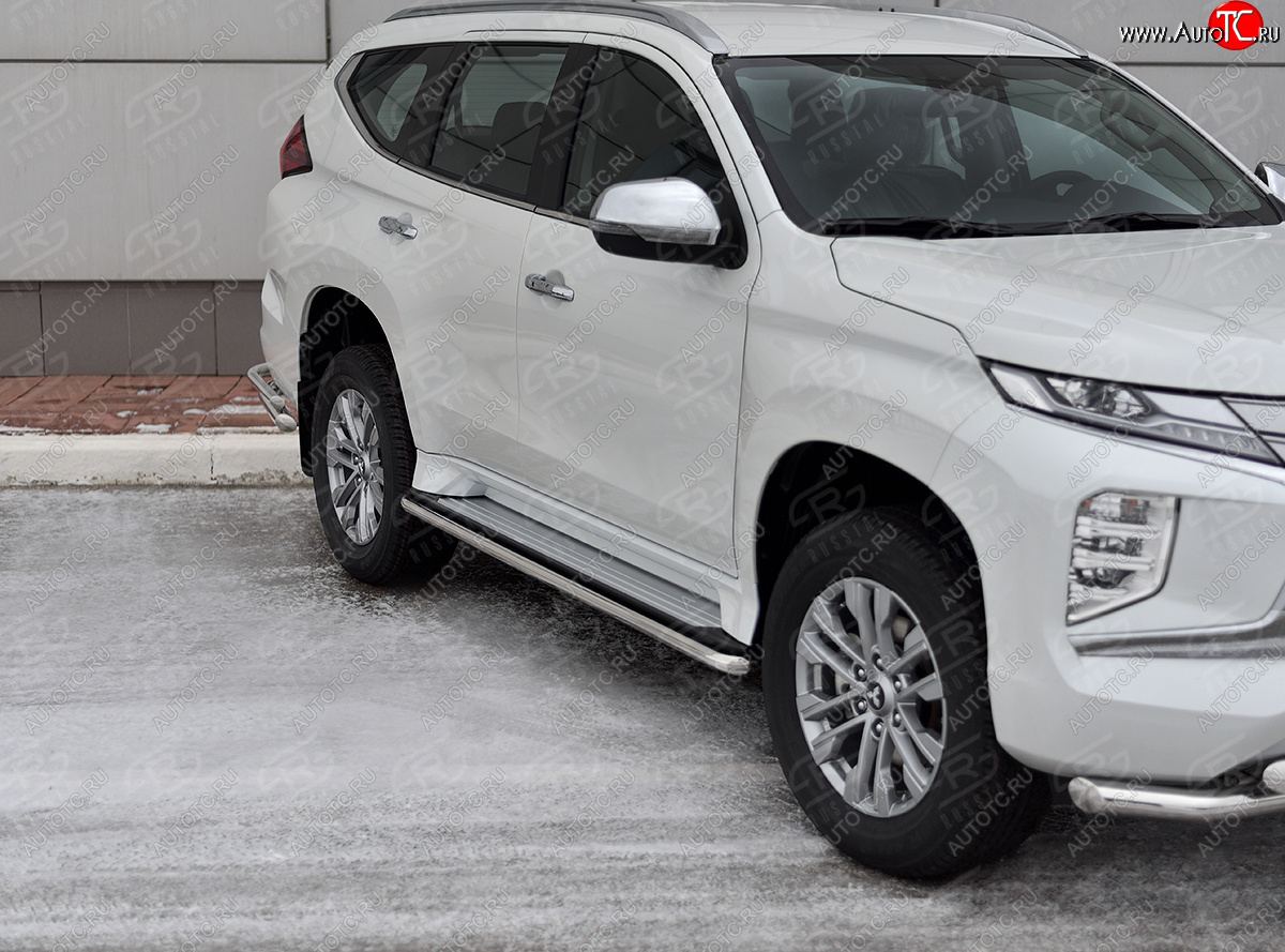 13 349 р. Защита порогов на Russtal (Ø42 мм) Mitsubishi Pajero Sport QF рестайлинг (2019-2022) (полированная нержавейка)  с доставкой в г. Омск