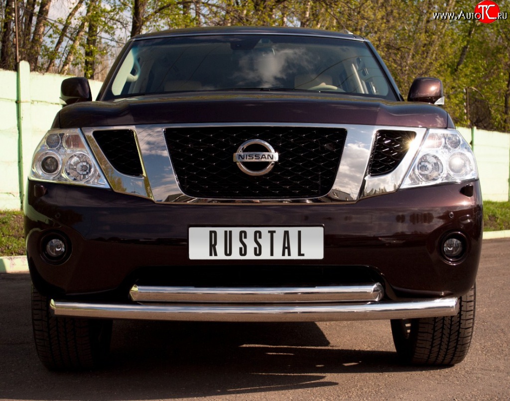 15 999 р. Защита переднего бампера (2 трубыØ76 мм, нержавейка) Russtal Nissan Patrol 6 Y62 дорестайлинг (2010-2014)  с доставкой в г. Омск