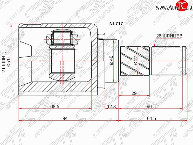 2 899 р. Шрус (внутренний/правый) SAT (21*26*40 мм) Nissan Note 1 E11 дорестайлинг (2004-2008)  с доставкой в г. Омск