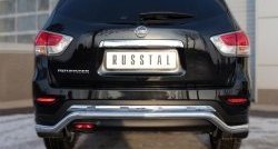 8 649 р. Защита заднего бампера (Ø63 мм волна, нержавейка) Russtal  Nissan Pathfinder  R52 (2012-2017) дорестайлинг  с доставкой в г. Омск. Увеличить фотографию 4