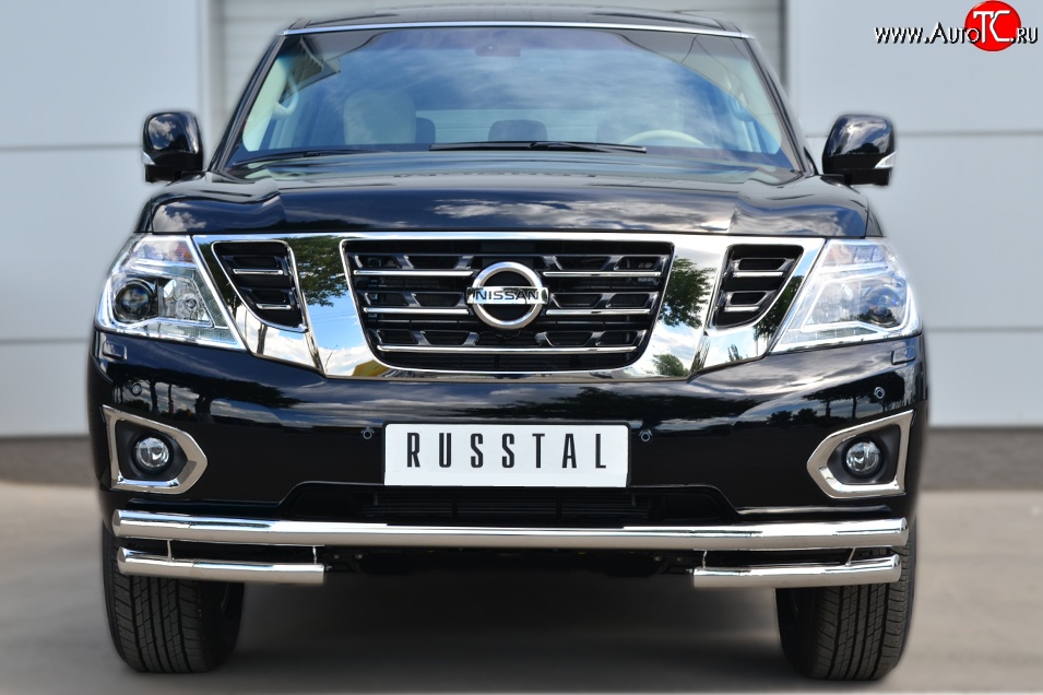 9 999 р. Защита переднего бампера (Ø63 мм с углами, нержавейка) Russtal Nissan Patrol 6 Y62 дорестайлинг (2010-2014)  с доставкой в г. Омск