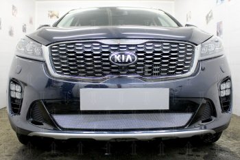 3 199 р. Защитная сетка в бампер (низ, ячейка 3х7 мм) Alfeco Стандарт  KIA Sorento  UM/Prime (2018-2020) рестайлинг (Хром)  с доставкой в г. Омск. Увеличить фотографию 1