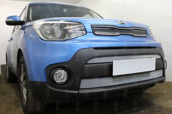 4 799 р. Защитная сетка в бампер (2 части, ячейка 3х7 мм) Alfeco Стандарт  KIA Soul  PS (2017-2019) рестайлинг (Хром)  с доставкой в г. Омск. Увеличить фотографию 2